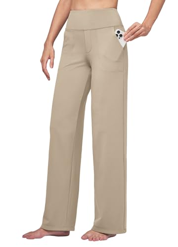 Willit Women's Yoga Pants Wide Leg Dress Work Pants Stretch Casual Pants Slacks with Pockets High Waist 30' Khaki M