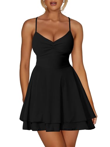 Kaximil Women's Sexy Spaghetti Strap Ruffle Mini Dress Ruched Corset Party Club A Line Short Dresses, Small, Black