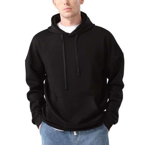 AMOMÍ Sudadera Hombre Capucha Manga Larga Deportiva Algodón Suave Cómoda Cálida Ligera Casual Moderna Estilo Sport Básica Color Sólido Regular Fit Marca Española (FR/ES Letras M Regular Negro)