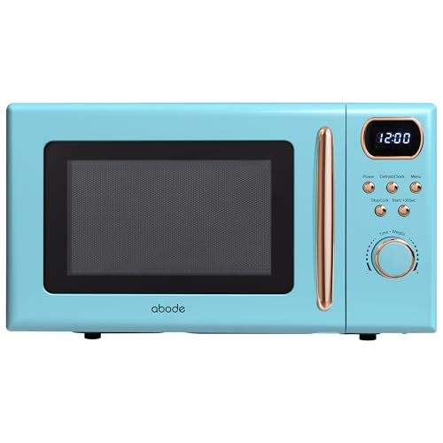 Abode Retro Microwave 20 Litre Blue with Rose Gold Accent Digital 800W Mirror Finish 8 Auto Cook Settings & Defrost 5 Power Levels AMD2004GRG