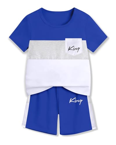 Image of Size 6-12 Years Boys Summer Outfits Set Kids Short Sleeve Top T-Shirt & Shorts Color Block Clothing Sets