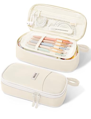 Image of SUNEE Cute Pencil Case, Aesthetic Pen Pouch, Colored Large Pencil Bag with Zipper, Kawaii Stationery Storage and Organizer, School Supplies for Teen and Adult Girls, Beige