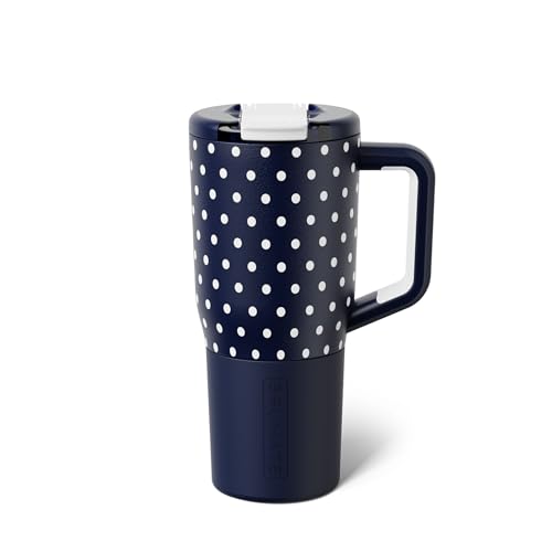 Image of BruMate Muv - 25oz 100% Leak Proof Insulated Coffee Mug with Handle & Lid - Stainless Steel Coffee Travel Mug - Double Walled Coffee Cup (Navy Polka Dots)