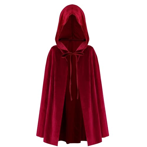 Bskifnn Hooded Cloak Vampire Costume Witch Costume for Man and Women Witch Cloak for Halloween Cosplay Role Play 27.5Inch (Red 43.5Inch)