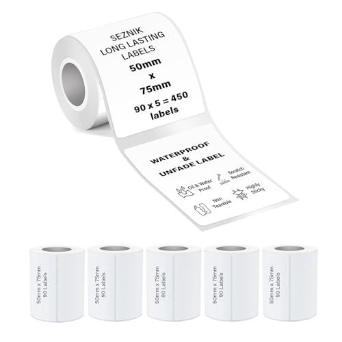Image of Seznik Waterproof, Non-Tearable, Sticky Thermal Lables, Label Roll, 2 inch Adhesive Thermal Labels for Label Printers (50mmx75mm - 450 Lables)