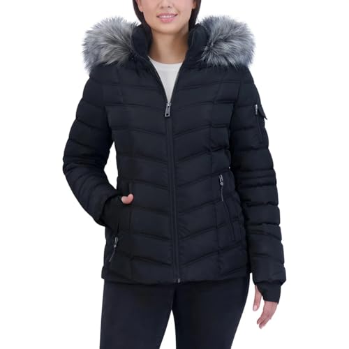Nautica Ladies' Puffer Water Resistant with Faux Fur Hood (Black,Medium)