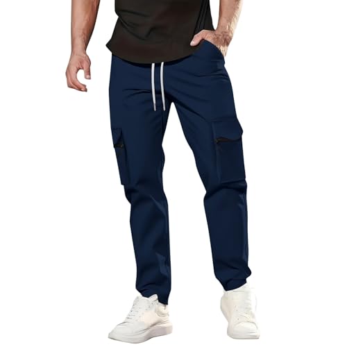 Mens Casual Cargo Pants Elastic Waist Drawstring Cuffed Trousers with Multi Pocket Joggers Hiking Tactical Sweatpants