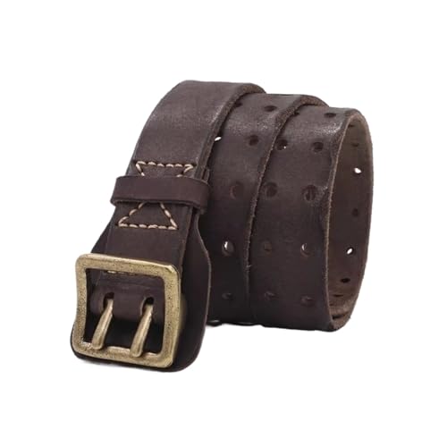 Original Handmade Double-Needle Buckle Men's Belt Washed Water Belt Genuine Leather Belt(125cm,Coffee)
