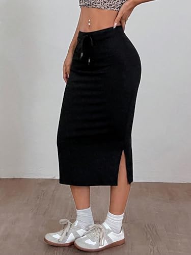EARKOHA 2025 Skirts for Women High Stretch & Cool-Fabric Solid Split Side Drawstring Waist Skirt Black L4