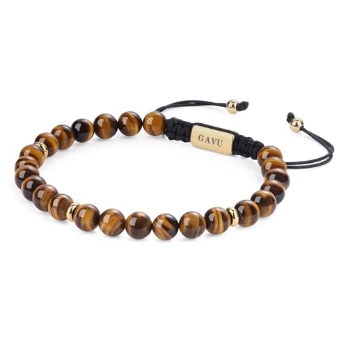 Image of GAVU 6mm Handcrafted Tiger Eye Bracelet for Men, Genuine Tiger Eye Beaded Bracelet for Men