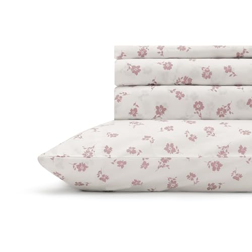 Image of Linen Home 100% Cotton Printed Percale Sheet Set King Size, 4 Piece Deep Pocket Floral Bedding, Crisp Cool & Breathable, Fade-Resistant Design, Hotel Luxury, Long-Staple Cotton, Mauve Silhouette
