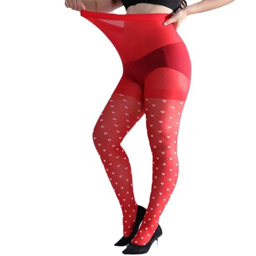 Women 's Sexy Sheer Tights Plus Size High Waist Stretchy Cute Red Heart-Patterned Party Stockings Pantyhose