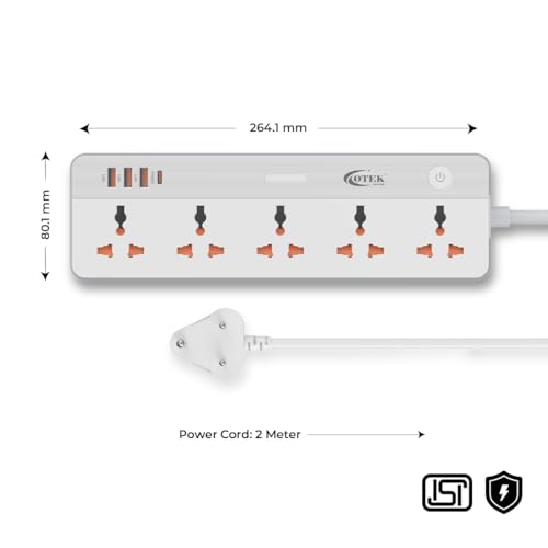 Image of OTEK Extension Board 5 Universal Sockets 3 USB Type A 1 Type C Port 2 Meter Cord 2500W 10A Surge Protector Fire Resistant ABS Body White for Home Office