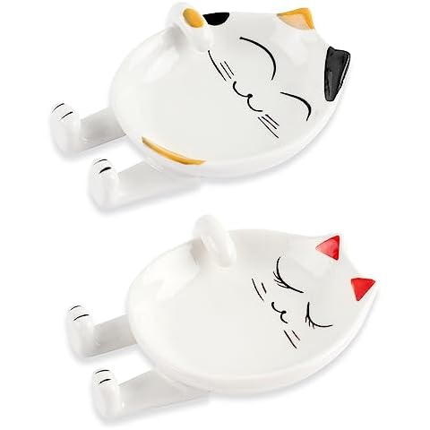 TBWHL Cute Spoon Rest 2PCS, Cat-Shaped Ceramic Spoon Rest for Kitchen Counter Stove Top with Lid Holder, Kitchen Spoon Holder for Coffee Spoon (Red & Yellow) Cover
