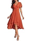 Ever-Pretty Robe D'Invité Jupe Trapèze Col V Manches Volantées Robe Femme Chic et Elegant Belle Robe Soirée Orange Caramel 52