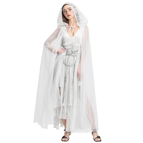 AlecosFun Women Zombie Ghost Bride Costume, 3 Pcs Phantom Corpse Dress Cloak Chains Cape for Adults...