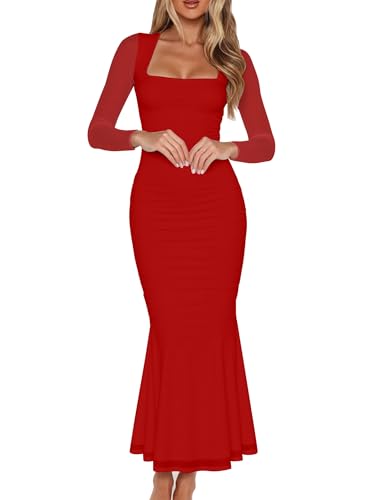 BORIFLORS Women's Ruched Bodycon Long Sleeve Maxi Dress Mesh Square Neck Cocktail Party Long Dresses, Medium, Red