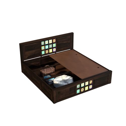 Image of King Size Bed with Storage Box | Sheesham Wood Bed | Multicolor Tiles Design Double Bed Wooden Cot for Bedroom & Hotel | Walnut Finish, Recommended Mattress Size: 78x72 Inch