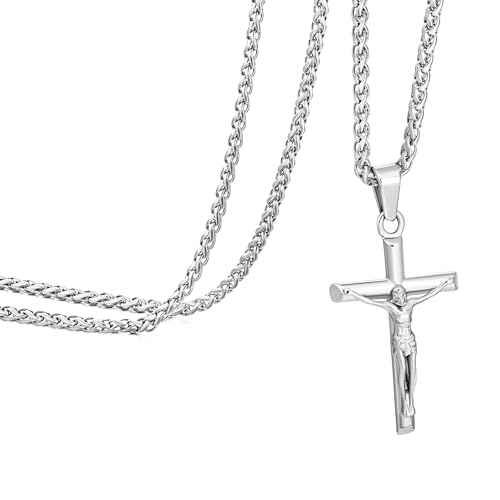 Speroto Jesus Cross Necklace for Men, Silver and Gold Mens Carved Jesus Cross Pendant with Wheat Chain, Simple Jewelry Gift for Men Women