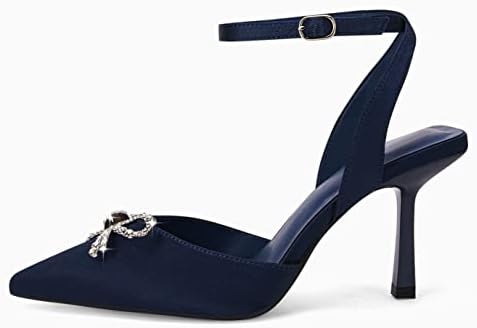 Coutgo Womens Rhinestone Bow Heels Pumps Kitten Heel Pointed Toe Slingback Wedding Dress Shoes Navy | Image 3