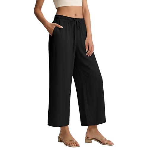 DIGIMAP Womens Cropped Casual Pants Wide Leg Palazzo Pants Elastic Waisted Flowy Trousers with Pockets Black