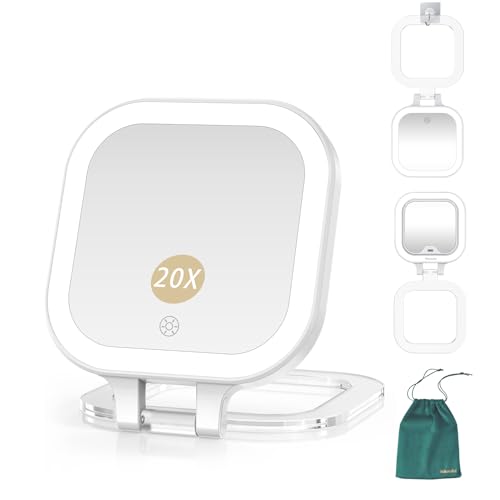Mocado Compact Travel Makeup Mirror, 1X/20X Magnifying Mirror with Light, Double Sides Compact Mirror with 3 Color Light, Dimmable Handheld Mirror, Rechargeable Travel for Purse,Pocket(White)