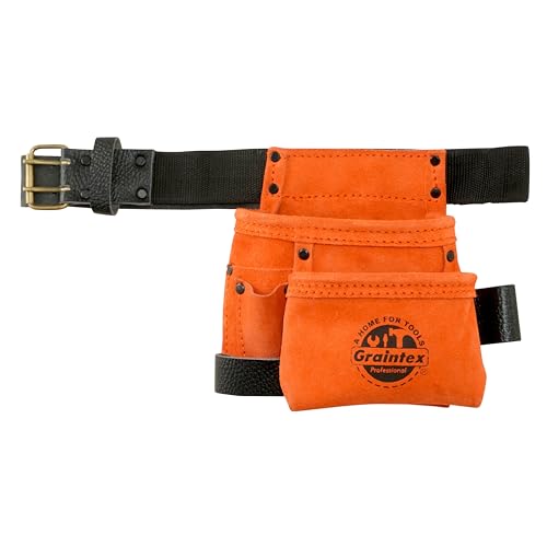 Graintex 4 Pocket Children's Tool Pouch Ideal for Home Improvement Projects | Kids Tool Belt for Young DIY Enthusiasts | Orange Color Suede Leather Pouch, Hammer Loop, Adjustable Leather Belt - SS2536