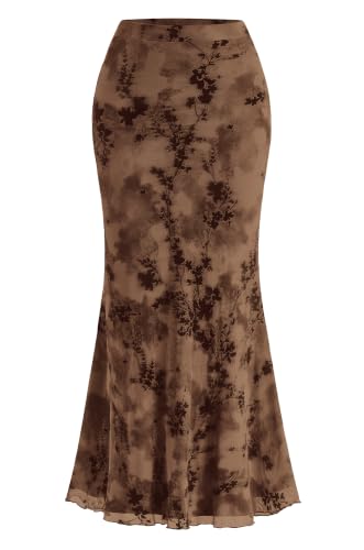 BTFBM Womens Floral Mesh Maxi Skirt 2026 Spring Summer Elastic High Waisted Boho Elegant Mermaid Long Skirts for Women(Brown Large)