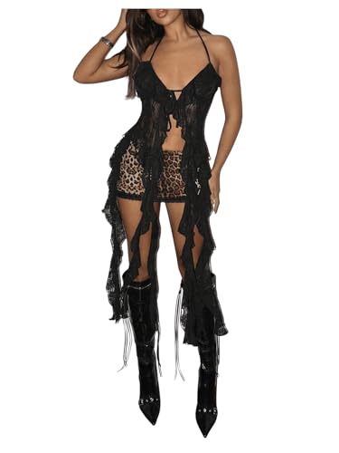 SweatyRocks Women's Y2k Lace Crop Halter Tops Sleeveless Asymmetrical Hem Sheer Flowy Tops