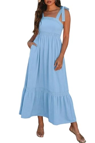 Image of Opemiby Womens Maxi Dress Spring Summer Sleeveless Lace Strap Empire Waist A Line Side Pockets Beach Casual Long Dresses