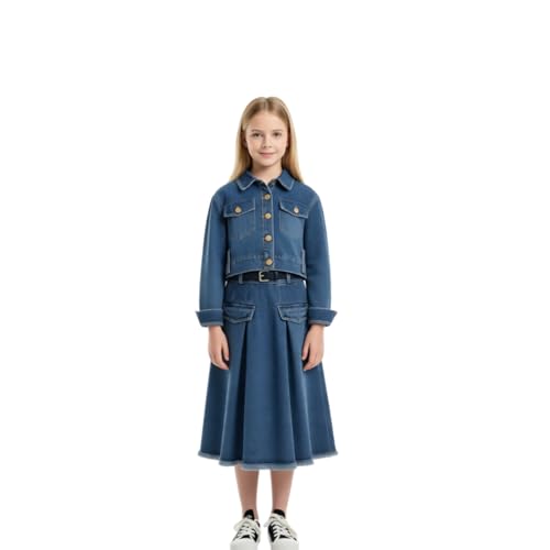 Girls Denim Jacket and Skirt Outfit Set, Fashionable Two Piece Jean Clothes with Belted Frayed Hem for Stylish Fall Wear (Blue,14-15Y(160cm))