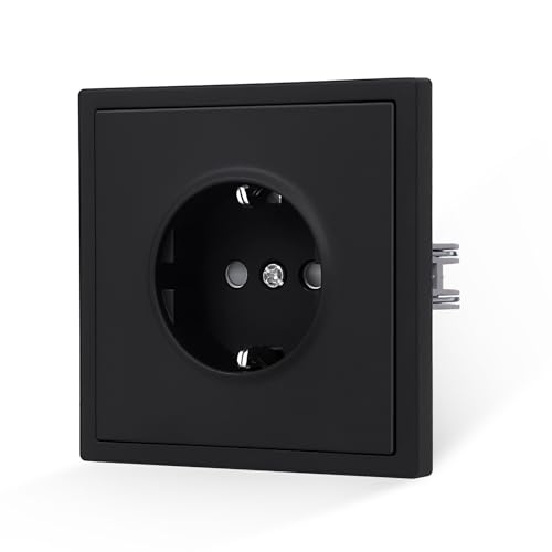 JIMEIDA Enchufe negro mate empotrable de 1 compartimento con sensación de piel suave y terminal de enchufe 16A, enchufe Schuko de pared, 80 * 80mm