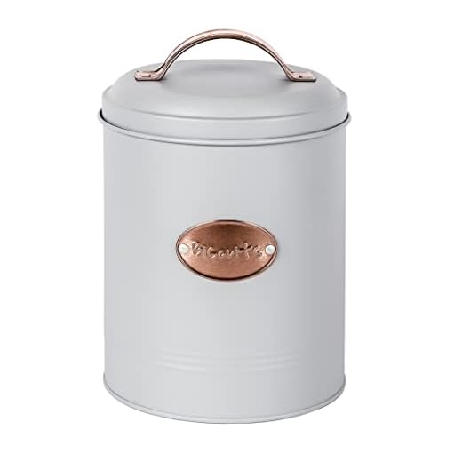 Novel Solutions Retro Round Biscuit Jar, Cookie Container with Lid. Decorative Kitchen Food Storage Tin for Biscuits, Cookies and Baked Confections Grey/Copper Dia 13.5cm xH17.0cm