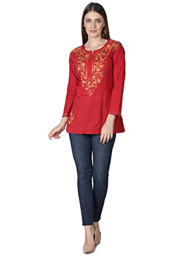 Image of Seva Chikan Hand Embroidered Lucknowi Chikankari Cotton Short Kurti Tunic Top for Women SCL4076