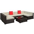 Outsunny 7 Piece Patio Furniture Set, Wicker Outdoor Sectional Sofa Set, All Weather PE Rattan Outdoor Furniture Conversation Sets with Cushions, Glass Top Coffee Table, Pillows, Cream White