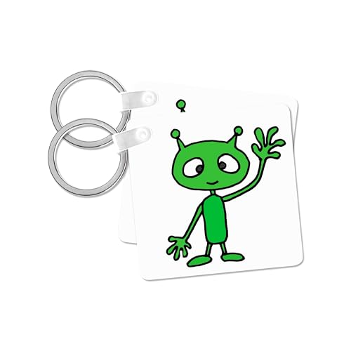 3dRose, Funny Cute Green Martian Alien Waving Cartoon, set of 2 Key Chains