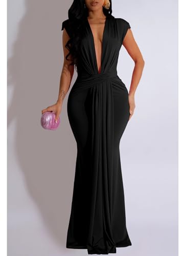 Yuopeid Women's Sexy Sleeveless Deep V Neck Fashion Ruched Bodycon Floor Length Formal Evening Party Maxi Long Dress3