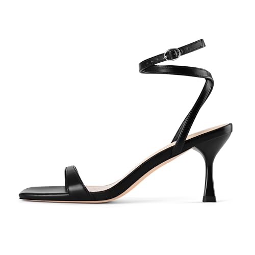 Adrizzlein Kitten Heels for Women Strappy Heels Square Open Toe Lace up Heeled Sandals Ankle Wrap Strap Pumps Dress Party Shoes