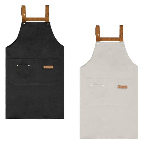 Astralong 2 Pezzi Grembiule da Cucina Chef per Donna Uomo, Grembiule da Lavoro Tela, Grembiuli Cameriere Barbecue Regolabile con 3 Tasche per Ristorante Bar Cottura Caffetteria (Nero+Beige)