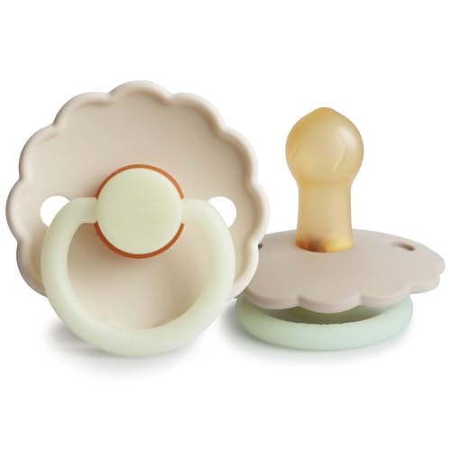 Image of FRIGG Daisy Night Natural Rubber Baby Pacifier | Made in Denmark | BPA-Free (Croissant /Cream, 0-6 Months) 2-Pack