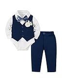 Coco&RARA Baby Boy Clothes Suits Infant Tuxedo Gentleman Outfits, Formal Dress Shirt+Vest+Corsage+tie+Pants Baby Suit Sets(Navy Blue, 6-12M)