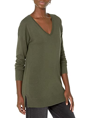 Amazon Essentials Damen Leichter Tunika-Pullover Mit Langen Ärmeln Und V-Ausschnitt (Erhältlich In Übergröße), Dunkles Olivgrün, XL