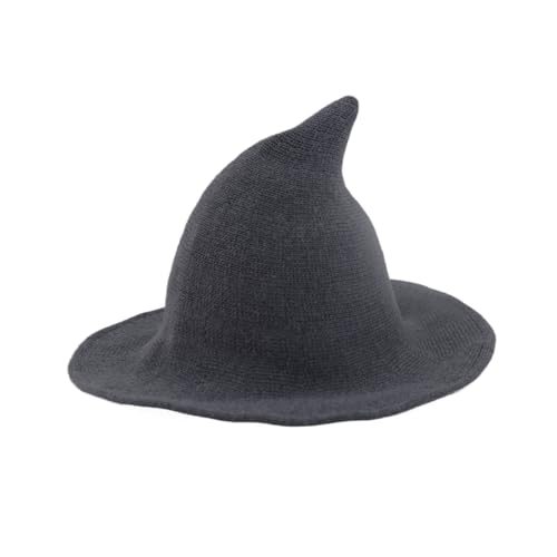 Women Witch Hat for Halloween Wool Hats Wide Brim Spire Knitted Cap for Party Masquerade Cosplay Costume Daily (Dark grey)
