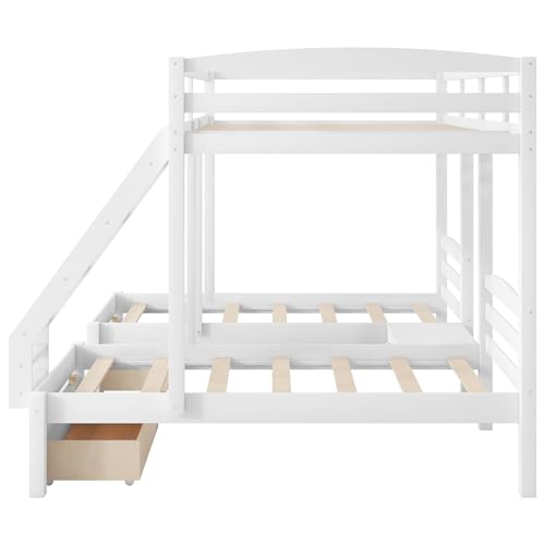 Image of VilroCaz Wood Bed Bunk Bed with 2 Storage Drawers for 3, Full Over Twin & Twin Bunk Bed Frame with Built-in Middle Drawer, Guardrail and Ladder for Kids Teens Adults, Maximized Space Design