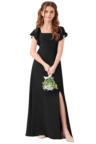 Short Sleeve Junior Bridesmaid Dress for Girls Formal Party Flower Girl Dresses Long with Low Slit