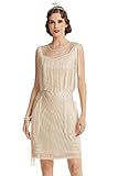 BABEYOND 1920s Gatsby Flapper Dress - Long Fringe, Sequins & Beaded Art Deco Design, Apricot, Large