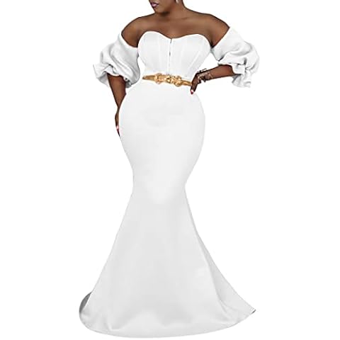 Memoriesea Women's Fashion Off Shoulder Bodycon Lantern Sleeve Long Maxi Evening Dress, White, Small Cover