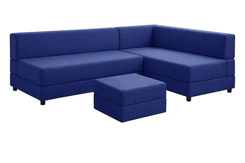 Image of Leg Sofa Cum Bed with Ottoman | Jute Fabric | Multipurpose Folding 3 Seater Sofa Bed 5x6 Ft for Living Room | Space Saving Furniture | Modern Design - Blue