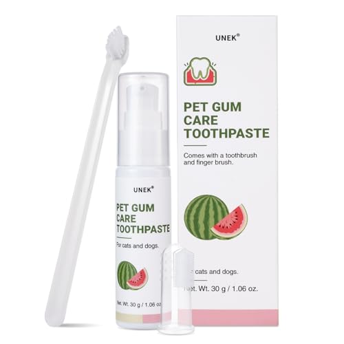 UNEK Dentifricio per cani e gatti, gusto anguria – Kit per la cura di gengive e dei denti, con 2 spazzolini, lenisce le gengive e rinfresca l’alito, 30 g
