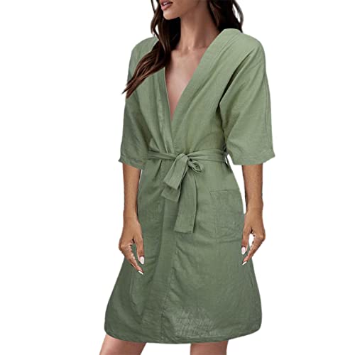 Bata Mujer Algodón Lino: Albornoz Mujer Ligero Verano Manga Corta - Albornoz Corto Ligero Sauna Albornoz Grande Delgado Ropa de Salón Elegante Bolsillo Camisón Tela Pijamas Albornoces, AG., M